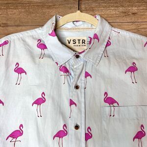 VSTR Premium Mens Blue Pink Flamingos Short Sleeve Button Up‎ Shirt Size Medium